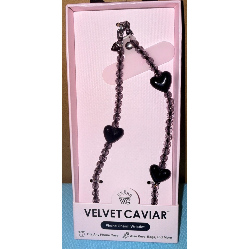 Velvet Caviar Phone Charm Wristlet NEW Black Purple Heart Beaded Strap